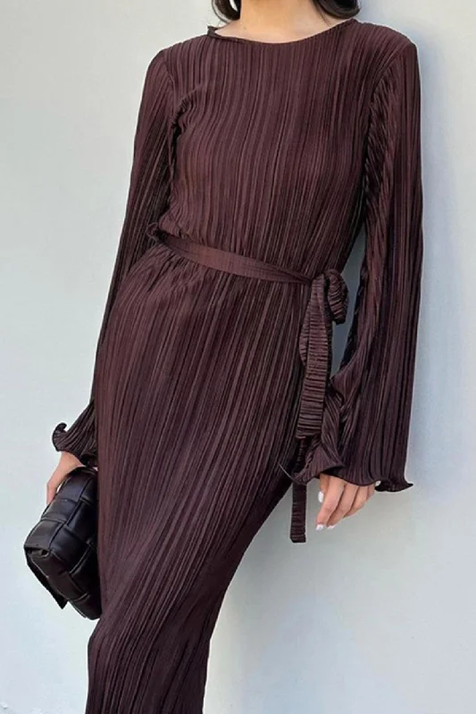 Style Redefined Pleated Long Flares Sleeve Tie-waist Dress