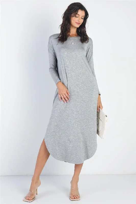 New Styles Just In Heather Grey Long Sleeve Midi Dress /1-1-1