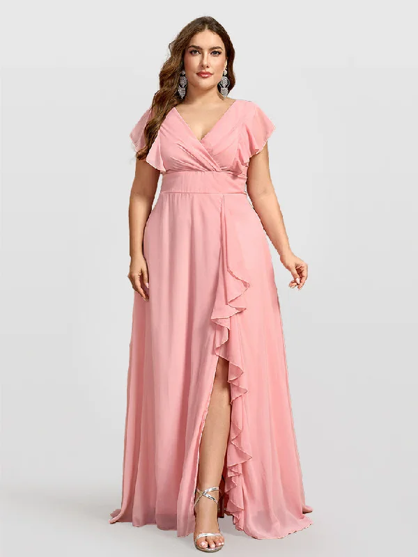 Hot Styles Flutter Sleeve V-Neck Ruffle Hem Bridesmaid Dresses