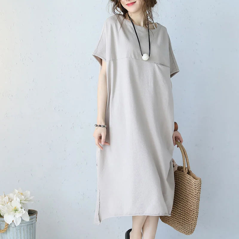 Elegant Simplicity Wardrobe women khaki cotton dress oversize traveling dress boutique short sleeve o neck natural cotton dress