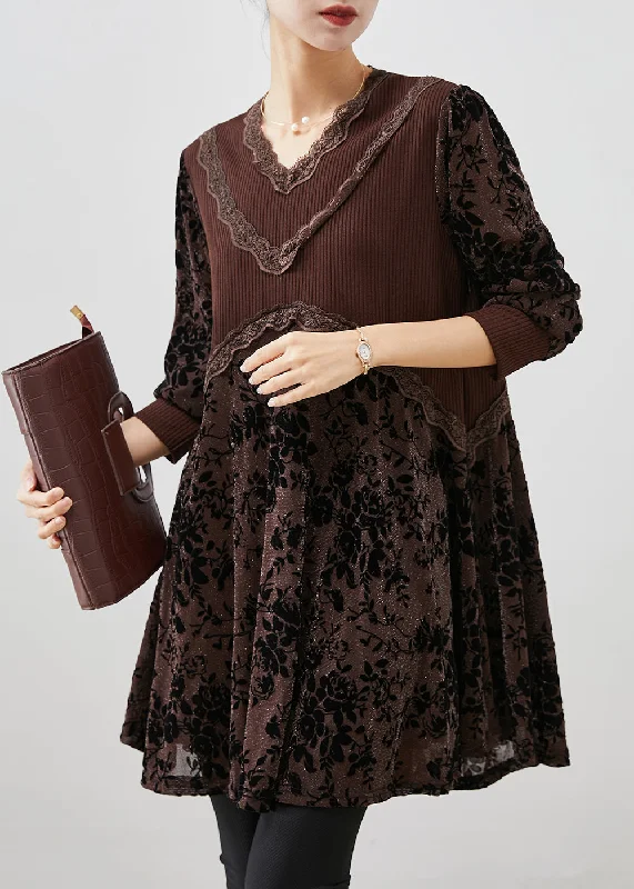 Evening Elegance Chocolate Jacquard Patchwork Silk Velour Dresses V Neck Fall