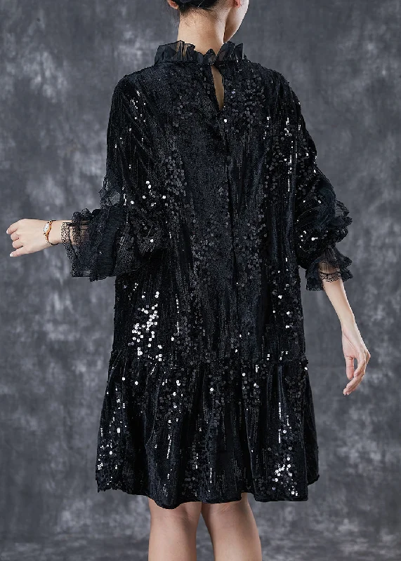 New Season Fashion Preview Elegant Black Sequins Patchwork Velour Mid Dresses Spring