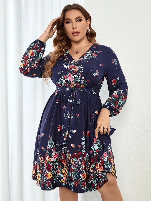 Women's Fashion Clothing Plus Blue Floral Wrap Lantern Sleeve Midi Dress