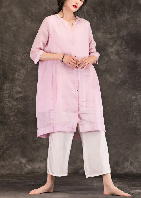 Flash Discount Organic pink linen Robes fine Sleeve o neck Half sleeve A Line Summer Dress