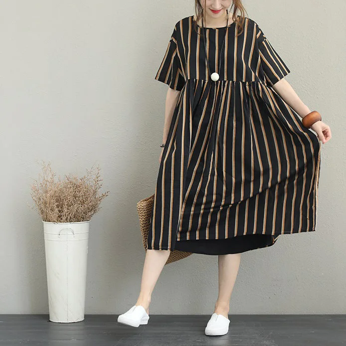 Big Discounts boutique striped silk linen dress plus size linen cotton dress vintage o neck short sleeve clothing