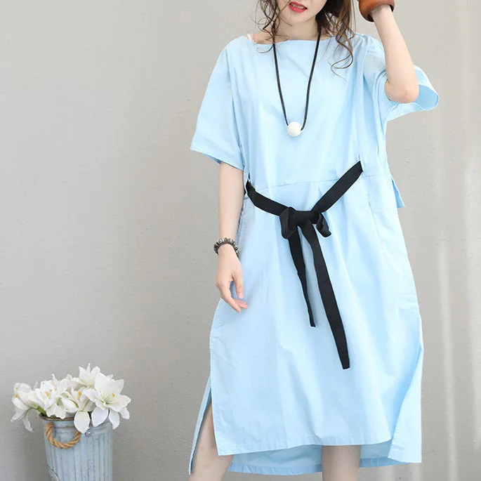 Insane Discount Onslaught Fine blue linen dress plus size clothing linen clothing dress boutique side open tie waist linen cotton dress