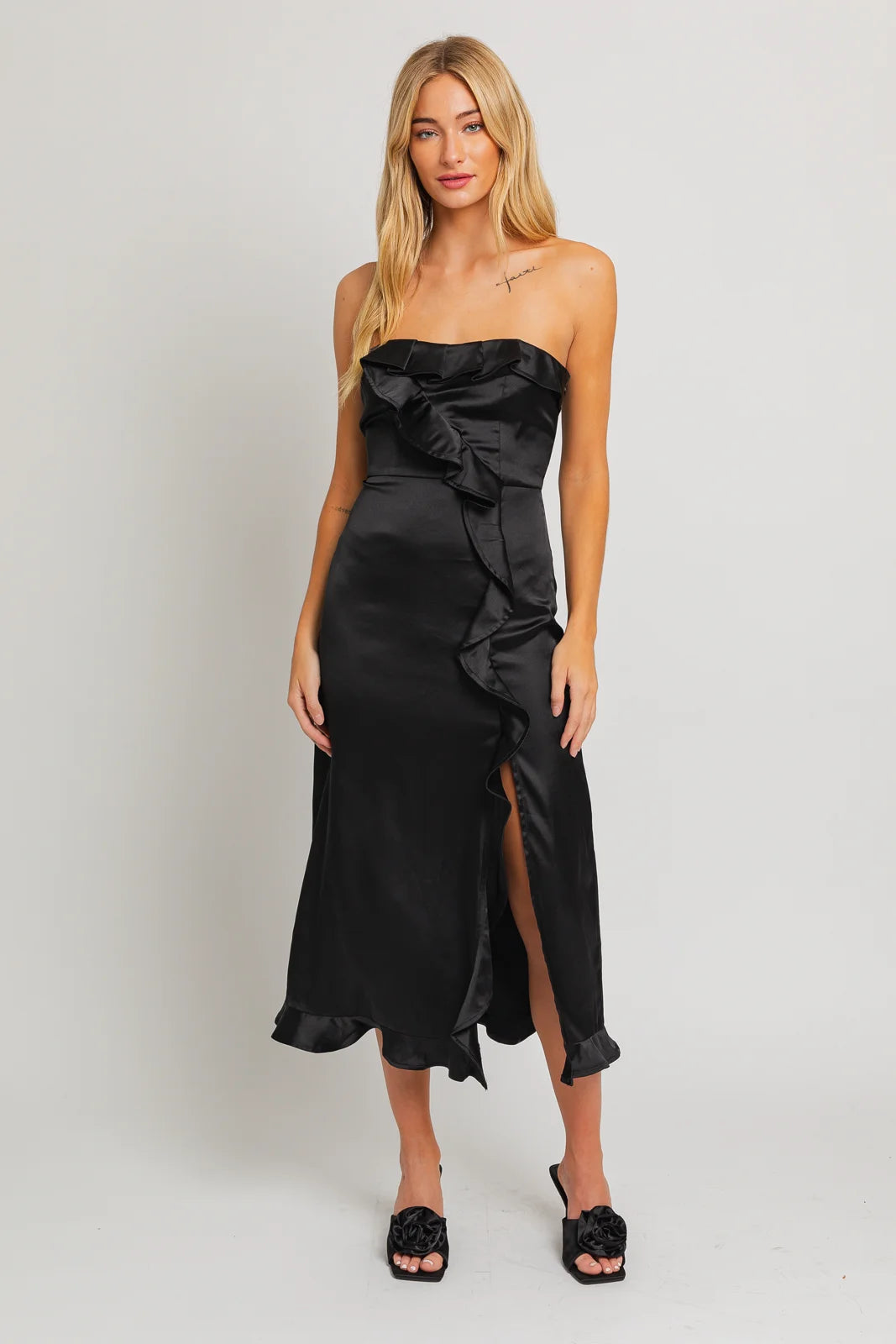 Stupidly Low Prices Satin Strapless Ruffle Front Slit Midi Dress