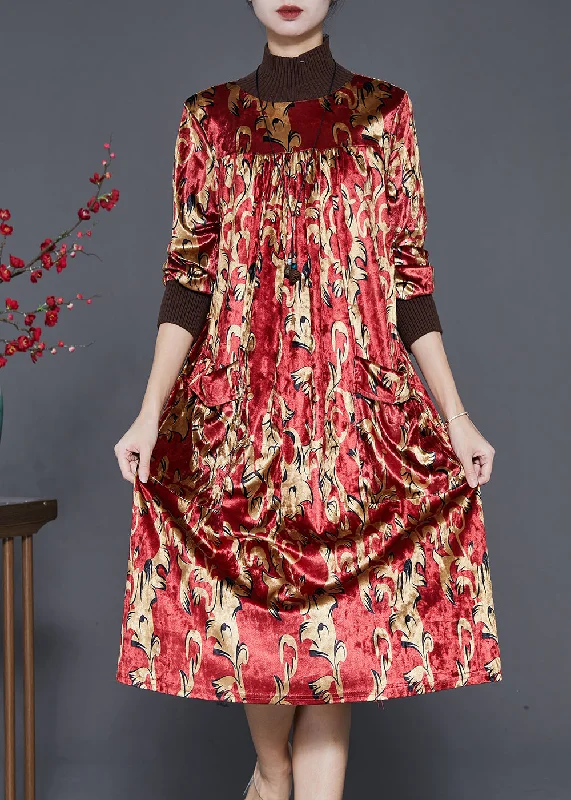 Chic Women's Clothing Online Handmade Red Turtle Neck Print Silk Velour Vacation Dresses Spring