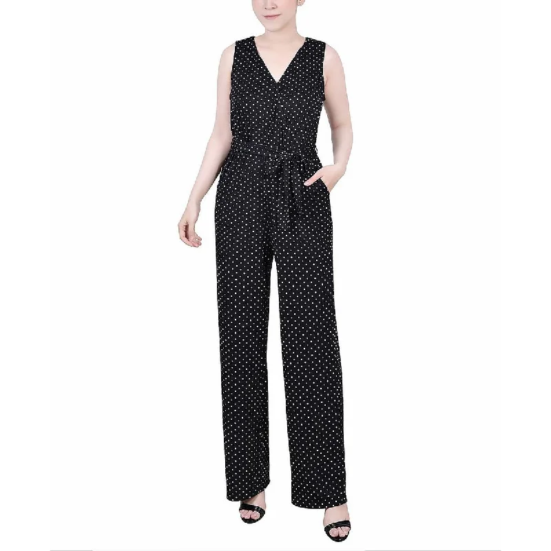 Earthy Tones NY Collection Womens Polka Dot Belted Jumpsuit