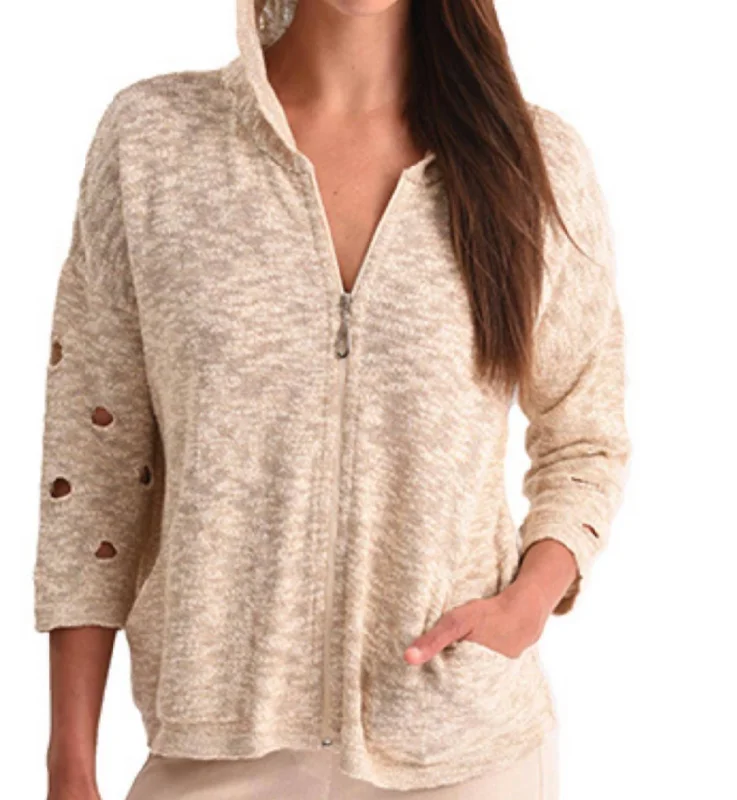 Seasonal Sale Crochet Cut Out Hooded Zip Cardigan In Sand