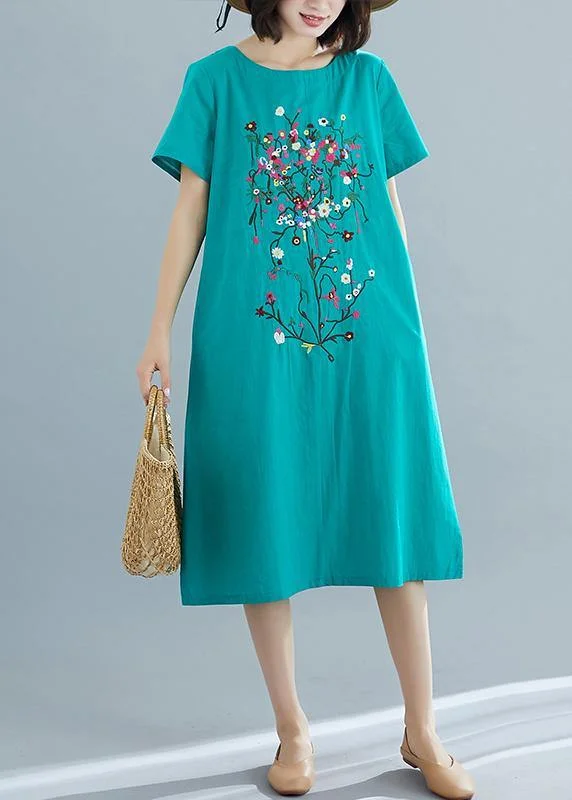 Fashion Forward Femininity Loose green prints Cotton dresses Women pattern o neck Plus Size summer Dresses