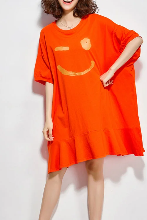 Casual Fashion Women orange Cotton dresses Fitted Sewing o neck half sleeve Knee summer Dress