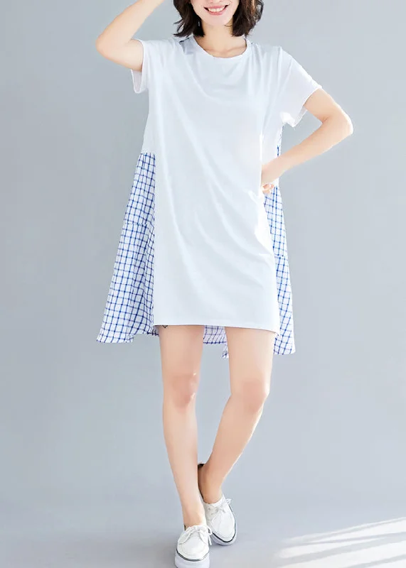 Affordable Women's Clothing Online Simple large hem Cotton clothes Women Indian Shirts blue Plaid Knee Dress Summer