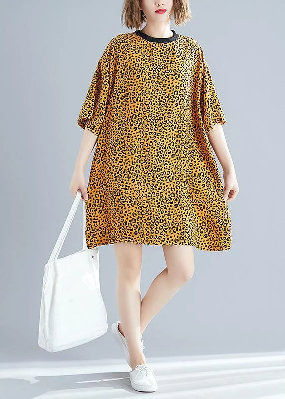 Everyday Women's Fashion Trends DIY yellow Leopard Cotton blended Drops Design Outfits o neck Batwing Sleeve daily Summer Dresses