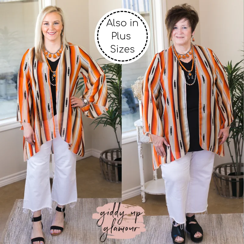 Elegant Styles Southwestern Sunrise Serape Print Sheer Kimono in Orange and Beige