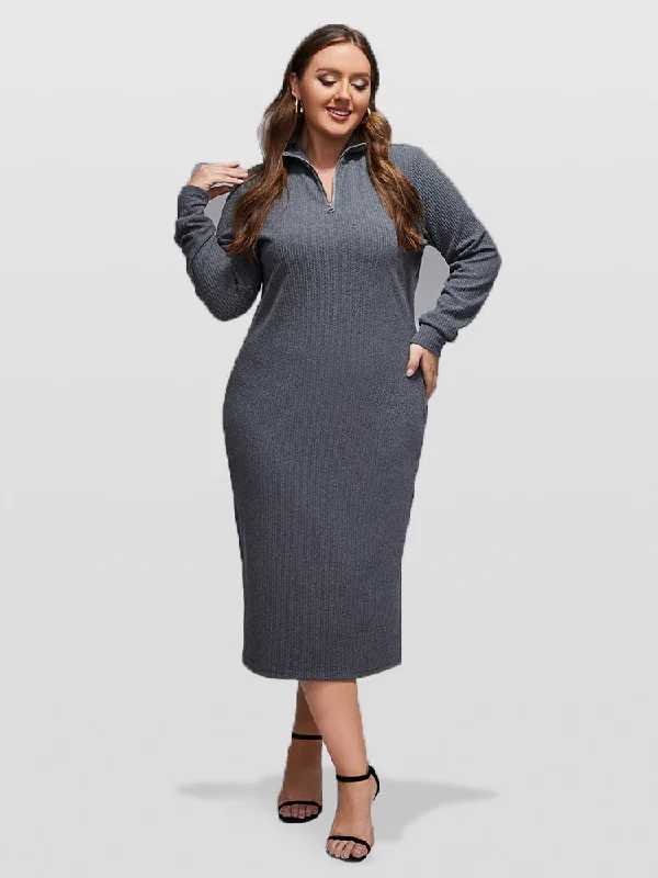 Stylish Everyday Clothing Plus Grey Band Collar Zipper Split Midi Knit Dress