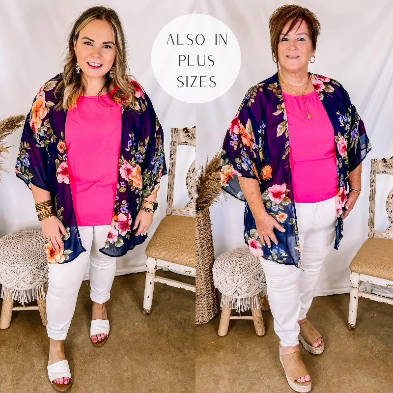 Trendy Threads Forever Friends Floral Print Short Sleeve Kimono in Dusty Navy Blue