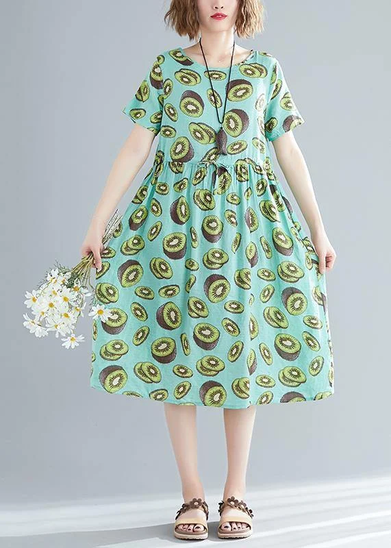 Vintage Women's Fashion Unique green print linen clothes Women Korea pattern o neck drawstring Art Summer Dress