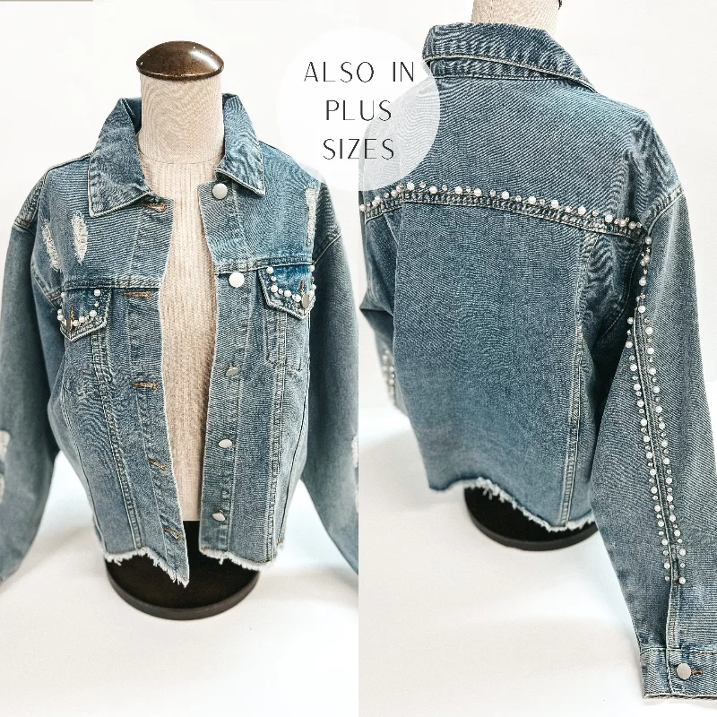 Dive Into Trendy Women's Fashion Better Than You Imagined Pearl and Crystal Beaded Denim Jacket in Medium Wash