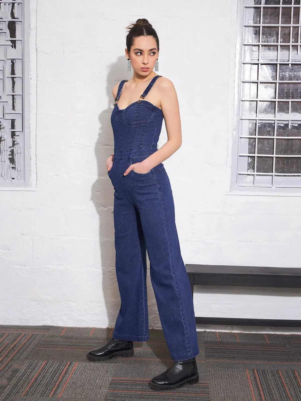 Chic Style, Always In Vogue Women Navy Denim Sweatheart Strappy Corset Jumpsuit