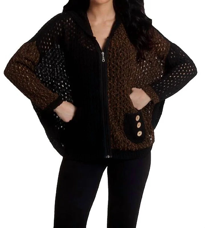 Women Clothing Crochet Button Hoodie Poncho In Spiceblack