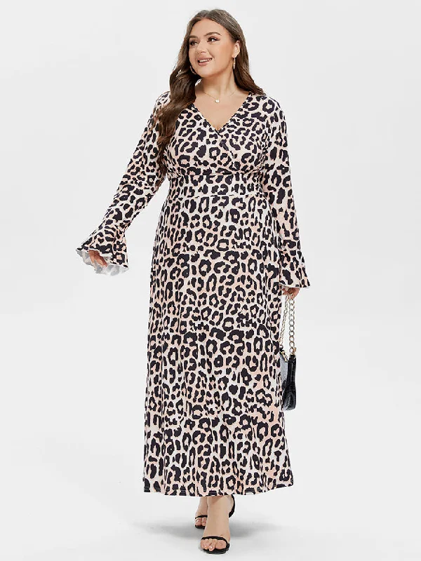 Elevate Your Wardrobe Leopard Print V-Neck Flounce Sleeve Maxi Dress