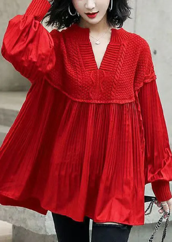 Women's Evening Wear Stylish Red Knit Patchwork Cotton Shirts Dress Batwing Sleeve