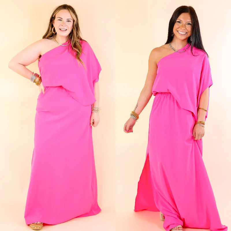 Chic & Cozy Apparel Chic Romance One Shoulder Unbalanced Maxi Dress in Fuchsia Pink