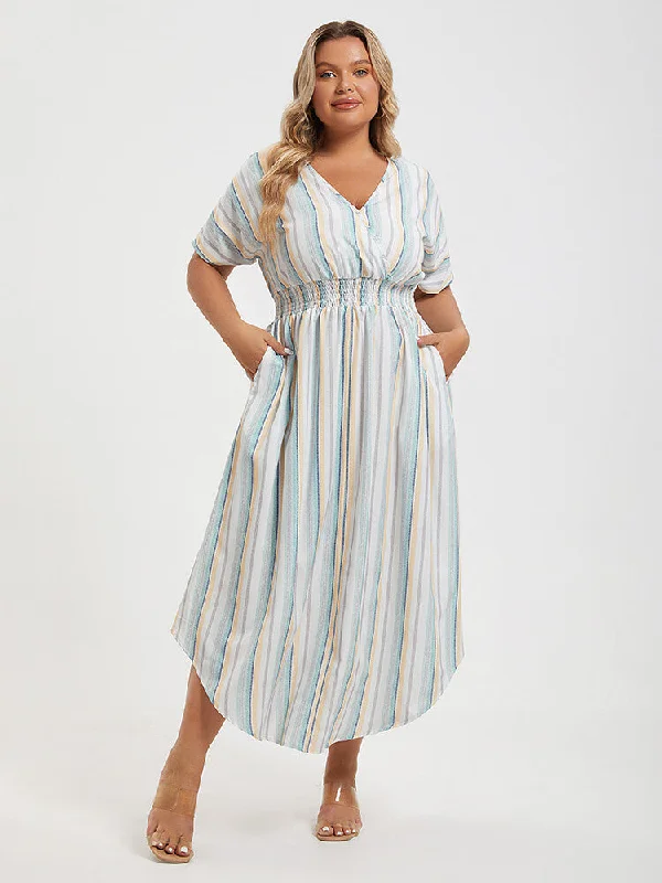 Comfortable Casual Women's Clothing Plus Colorblock Striped Dolman Sleeve Pocket Notched Hem Maxi Dress