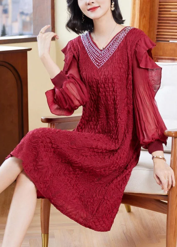 Trendy Women's Dresses Online Unique Red V Neck Embroidered Ruffled Tulle Patchwork Zircon Mid Dresses Long Sleeve