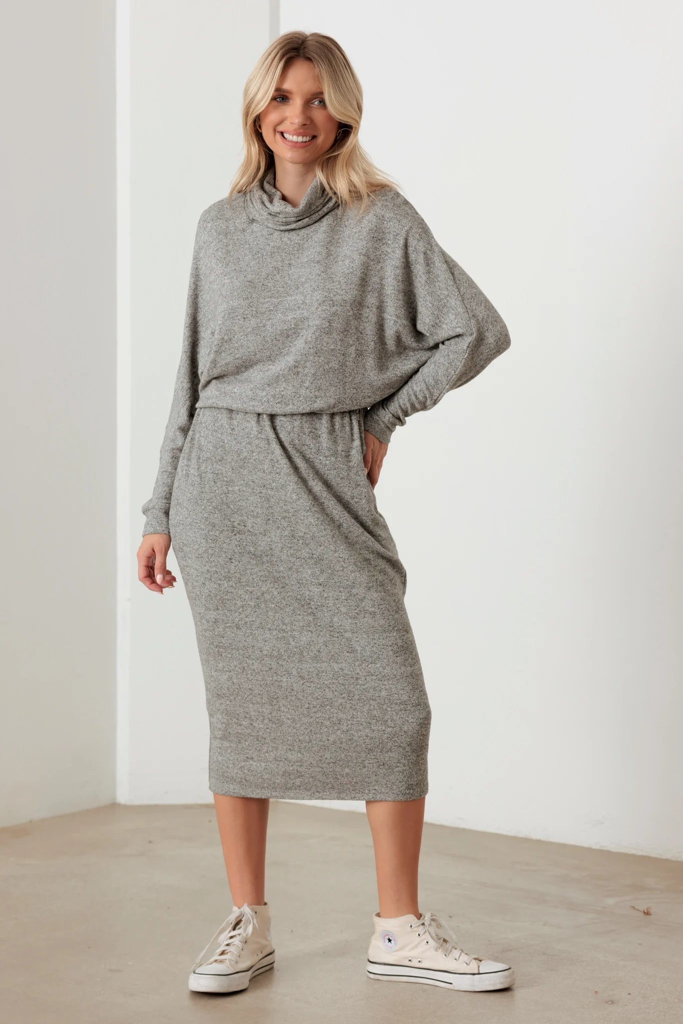 Style Your Wardrobe Turtle Neck Elastic Waist Long Sleeve Midi Dress