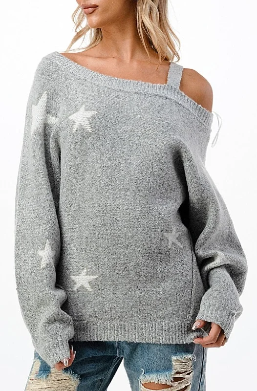 Sophisticated Women's Fashion Cold Shoulder Star Sweater