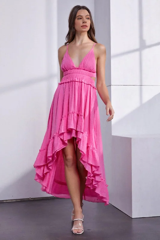 Colorful Clothing Asymmetric Ruffle Bottom Hem Open Back Cutout Dress