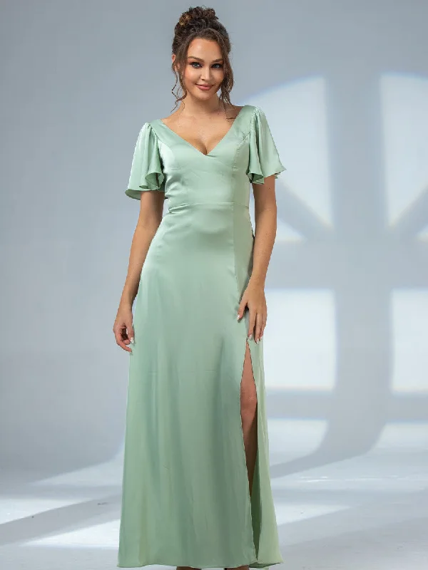 Massive Savings 2025 Agave Green Bridesmaid Dresses V-neck Flutter Sleeve