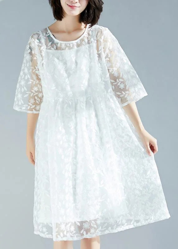 Women's Casual Dresses Handmade white dress 2024 o neck Cinched A Line Summer Dresses