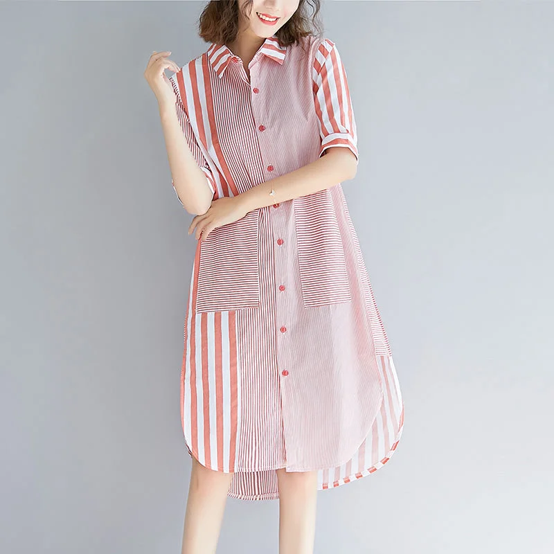 Elegant Women's Fashion Loose pink striped Cotton quilting clothes Fun Photography side open Knee patchwork Dress