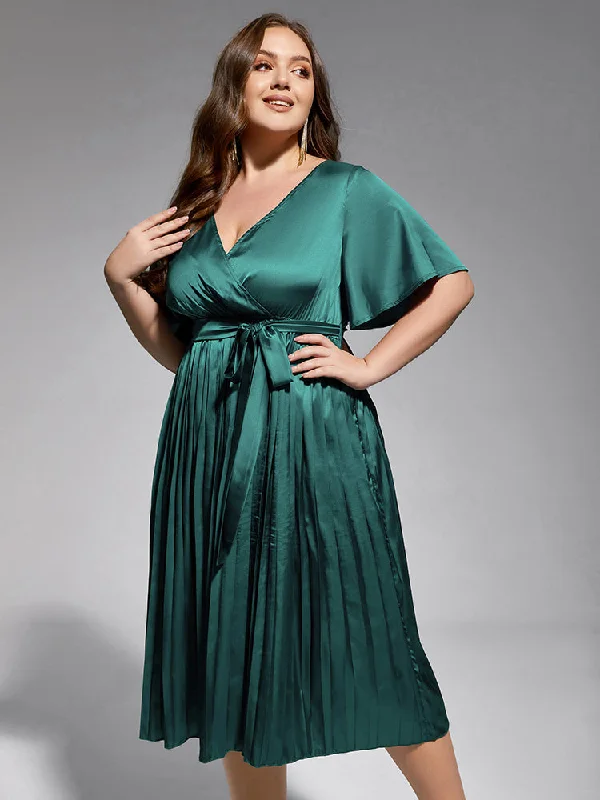 Hot Picks Plus Green Ruffle Sleeve Elastic Waist Midi Dress