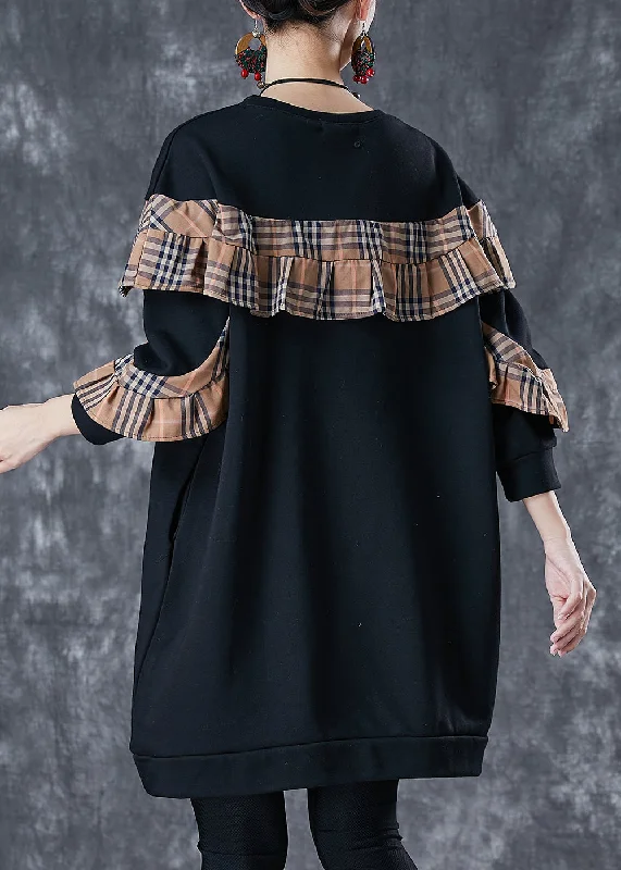 Limited Time Offers Black Loose Patchwork Cotton Sweatshirt Dress Ruffled Fall