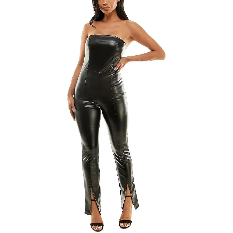 Women's Evening Wear Bebe Womens Juniors Faux Leather Strapless Jumpsuit