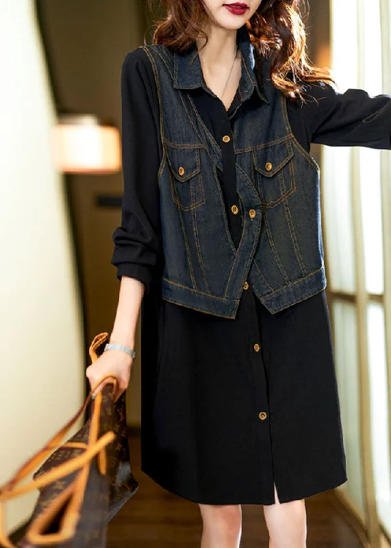 Stylish Everyday Clothing Vintage Black Square Collar Denim Patchwork Fake Two Pieces Mid Dress Long Sleeve