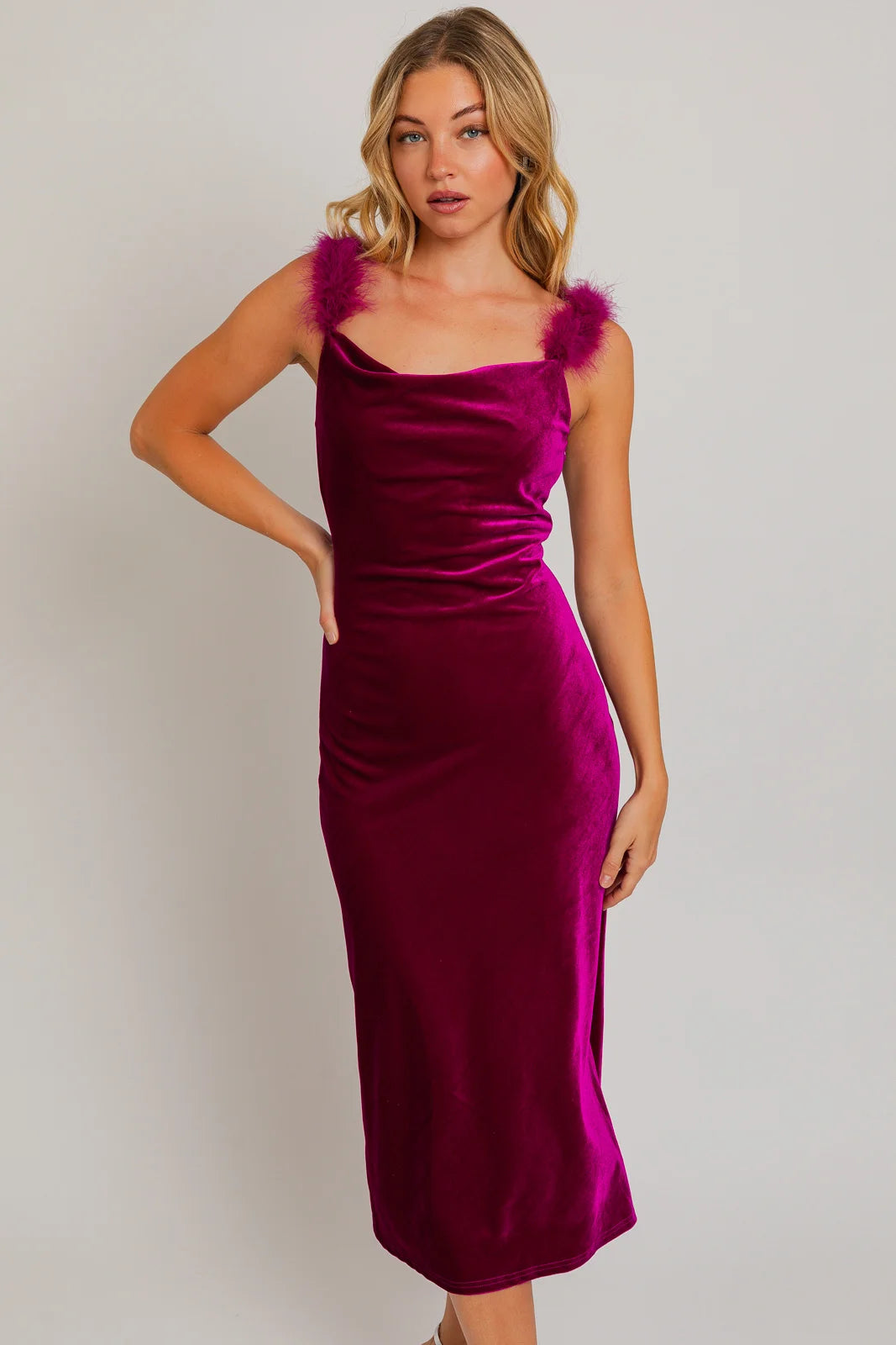 Crazy Discounts, Hurry Up Velvet Feather Shoulder Trim Side Slit Midi Dress