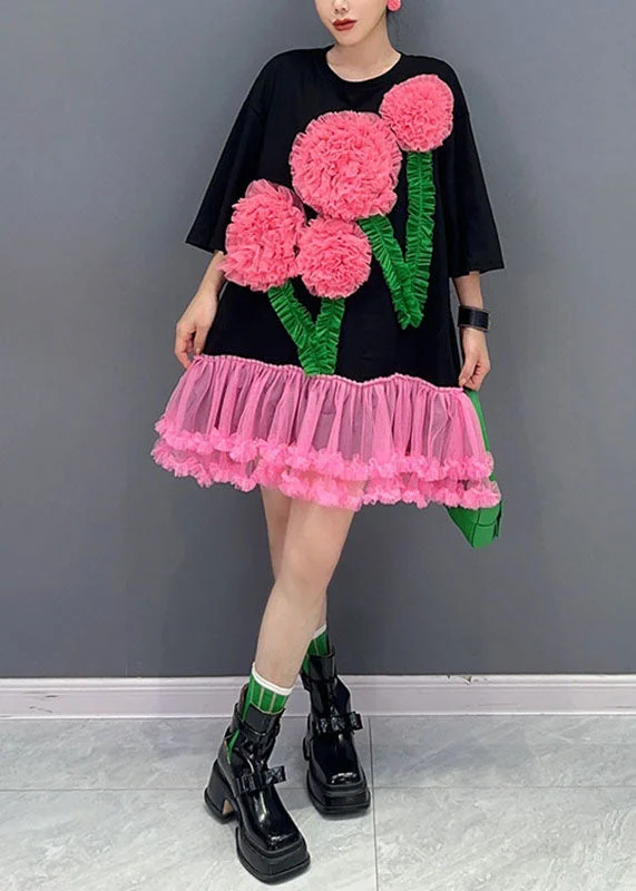 Online Impressions Boutique Italian Black O-Neck Floral Tulle Patchwork Mid T Shirts Dress Long Sleeve