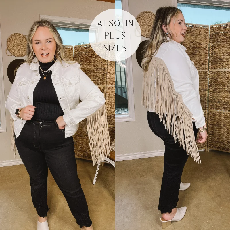 Snag Fabulous Fashion Bargains Judy Blue | Living For Love Button Up Denim Jacket with Fringe in White