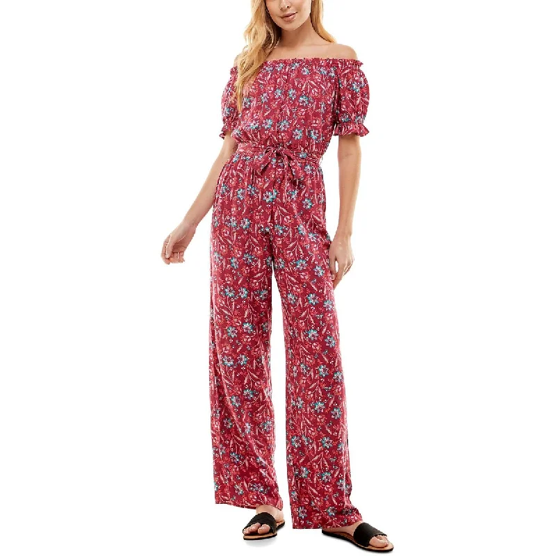 Clothing Woman Kingston Grey Womens Juniors Floral Off-The-Shoulder Jumpsuit