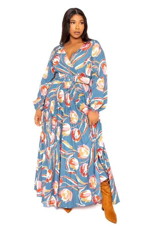 Unbeatable Prices Floral Pleated Maxi Dress with Belt