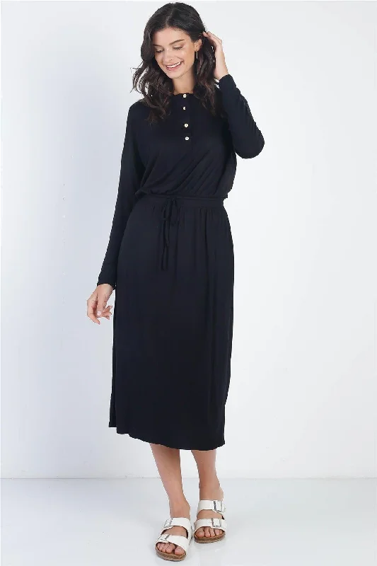 Seasonal Picks Black Button Up Neck Detail Fitted Waist Midi Dress /1-1-1