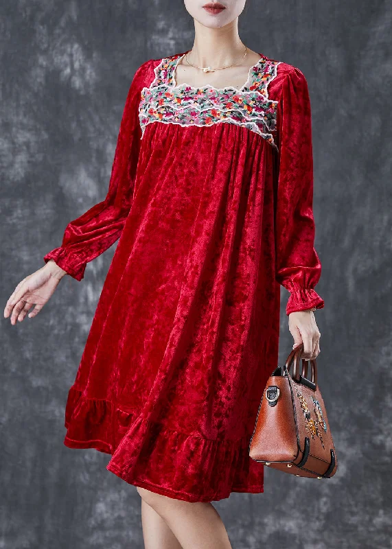 Special Offers Red Silk Velour Holiday Dress Square Collar Embroidered Fall