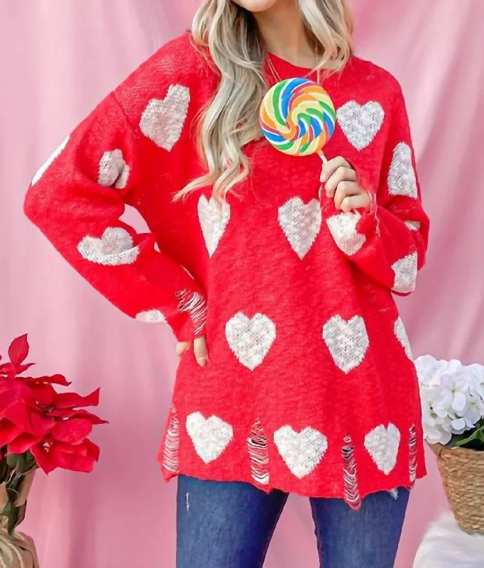 Stylish Statements Distressed Sweater With Hearts In Red