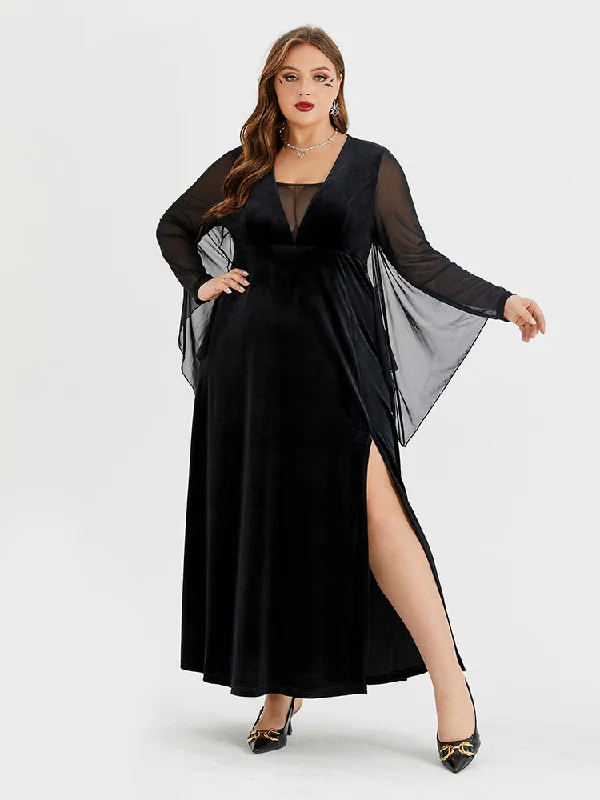 Winter Wardrobe Clearance Halloween Contrast Mesh Batwing Sleeve Velvet Split Maxi Dress