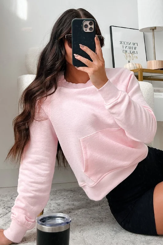 Chic Casual Wardrobe Essentials At Home Vibes Raglan Sleeve Pocket Sweatshirt (Pale Pink)